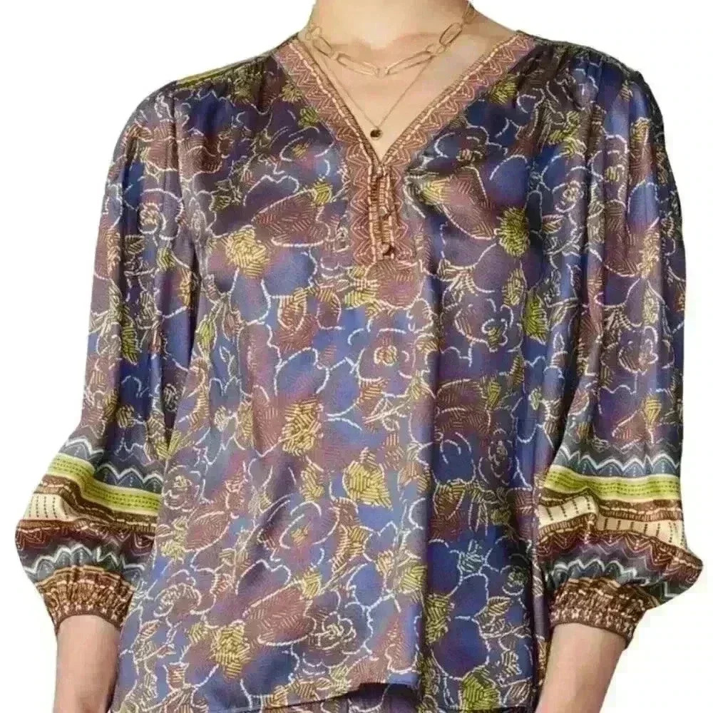Current Air Los Angeles Floral Bordr Print Blouse Size Large